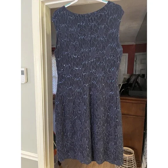 Lauren Ralph Lauren Lace Sequence Ruched Asymmetrical Navy Blue Dress 16W - Picture 5 of 13